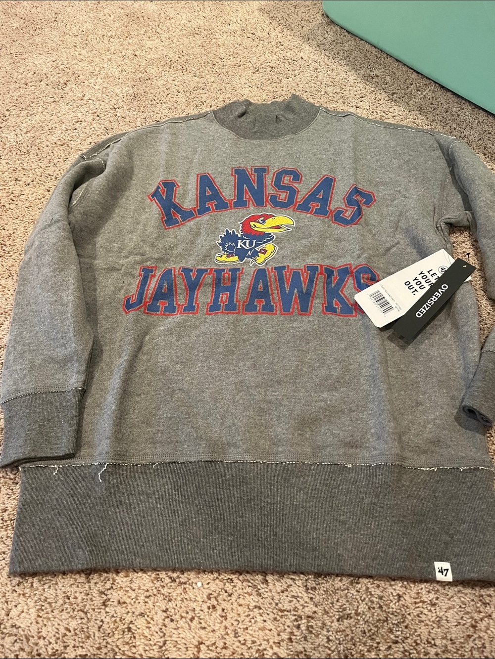 47 Brand Kansas Jayhawks Gray Crewneck Sweatshirt with Logo